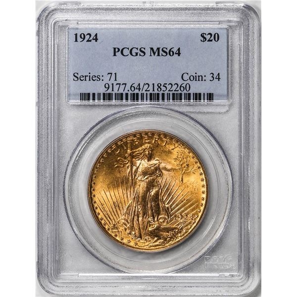 1924 $20 St. Gaudens Double Eagle Gold Coin PCGS MS64