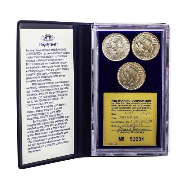 1938-P/D/S Arkansas Centennial Commemorative Half Dollar Coins MTB Banking Corp MS65