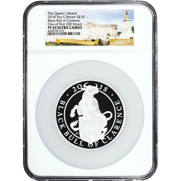 2018 G. Britain 10 Pounds Queen's Beasts Black Bull 5oz Silver Coin NGC PF69 Ultra Cameo