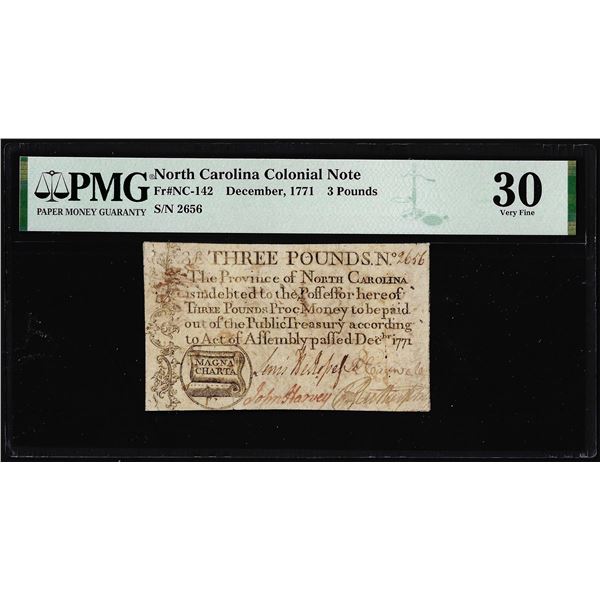 1771 North Carolina 3 Pounds Colonial Note NC-142 PMG Very Fine 30 Magna Charta