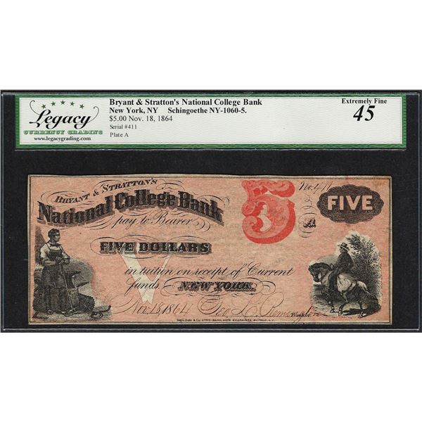 1864 $5 Bryant & Stratton's National College Bank, NY Note Legacy Extremely Fine 45