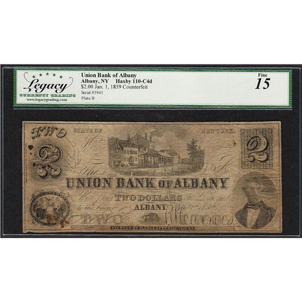1859 $2 Union Bank of Albany, NY Contemporary Counterfeit Obsolete Note Legacy Fine 15