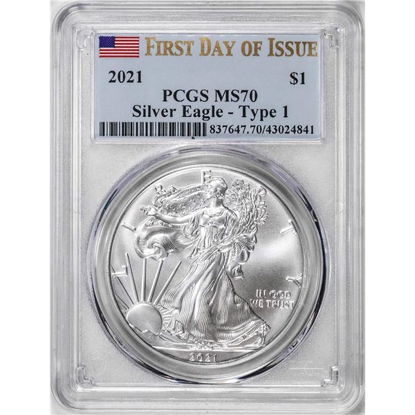 2021 Type 1 $1 American Silver Eagle Coin PCGS MS70 First Day of Issue