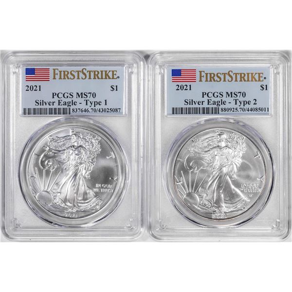 Lot of 2021 Type 1 & Type 2 $1 American Silver Eagle Coins PCGS MS70 First Strike