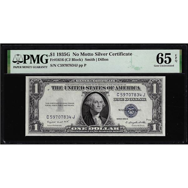 1935G No Motto $1 Silver Certificate Note Fr 1616 PMG Gem Uncirculated 1935G No Motto $1 Silver Certificate Note Fr 1616 PMG Gem Uncirculated