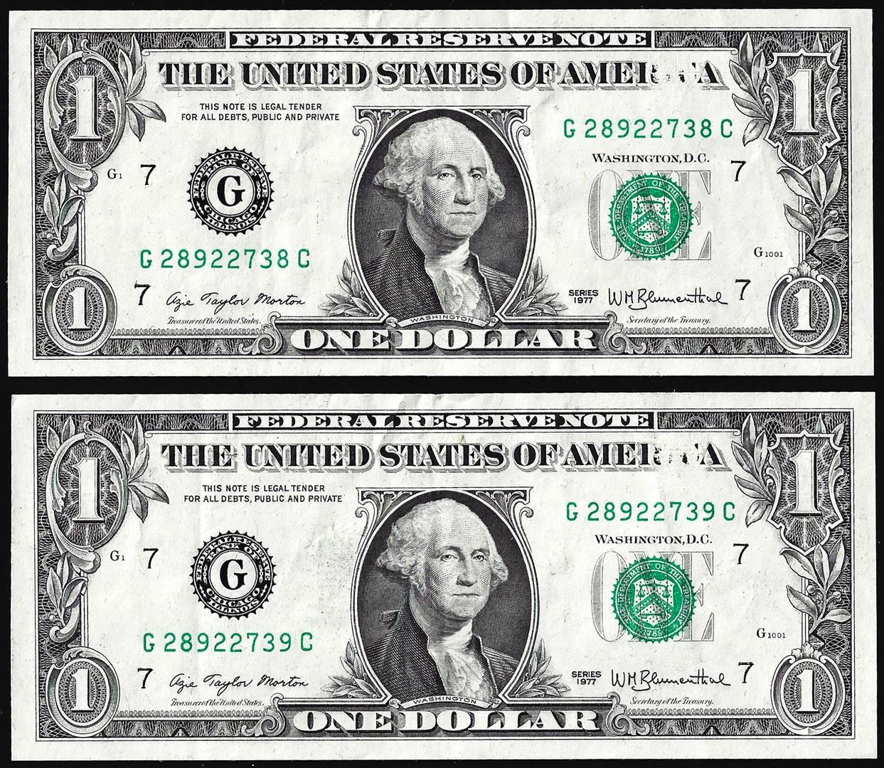 Lot of (2) Consecutive 1977 $1 Federal Reserve Obstructed Overprint ...