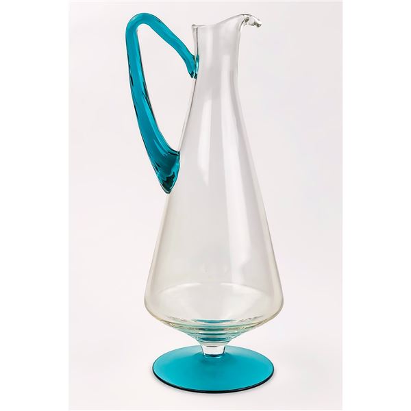 VINTAGE CLEAR & TEAL GLASS DECANTER OR PITCHER