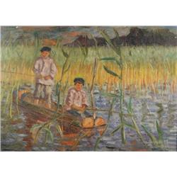 Nikolai Petrovich Bogdanov-Belsky (Russian, 1868-1945) In the Cattails, Oil on Canvas,