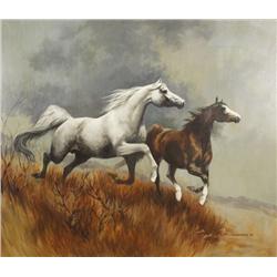 Phyllis Fullerton (American, 20th Century) Galloping Horses in a Landscape, Oil on canvas mounted on