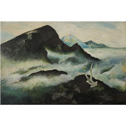 Helen Beal (20th Century) Seascape with Seagull, Mixed Media on board,