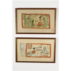 Artist Unknown,  Two Chinese Pen, Ink and Watercolor Drawings.
