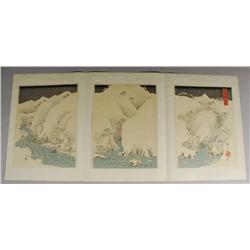 Ando Hiroshige (Japanese, 1797-1858) Mountains and Rivers on the Kiso Road, Triptych.