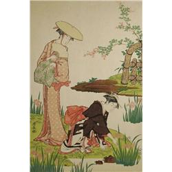 Torii Kiyonaga (Japanese, 19th Century) Women in Iris Pond, Woodblock print,