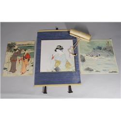 A Group of Two Japanese Woodblock Prints, Together with a Japanese Scroll and a Japanese Wall Hangin