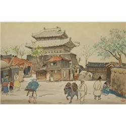 Mamoru Hiyoshi (20th Century) Town Street in Korea, Woodblock Print.