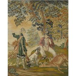 A 19th Century Needlepoint Depicting Hunters in a Landscape.