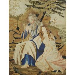 A 19th Century Needlepoint Depicting Two Figures in a Landscape with Harps.