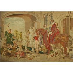 A 19th Century Continental Needlepoint Tapestry Depicting a Hunting Party with Falcons, Dogs, Horses