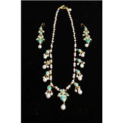 An 18kt. Yellow Gold Diamond, Pearl and Turquoise Necklace with Matching Earrings,