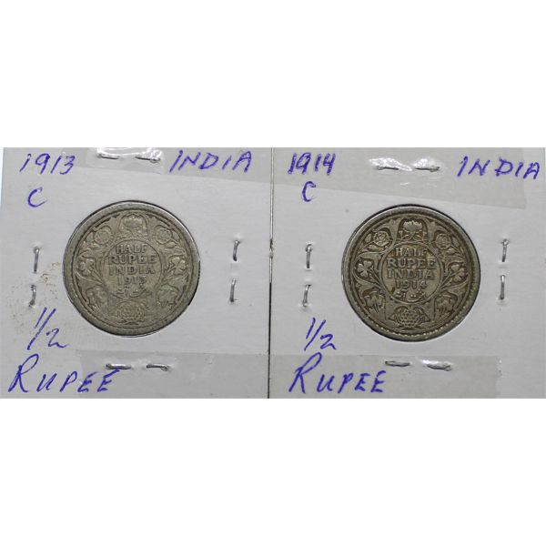 INDIA 1913C & 1914C ONE HALF RUPEE .917 SILVER