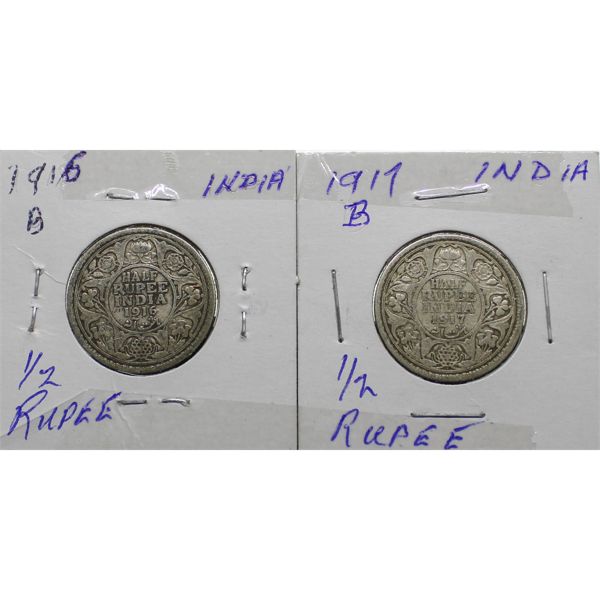 INDIA 1916B & 1917B ONE HALF RUPEE .917 SILVER