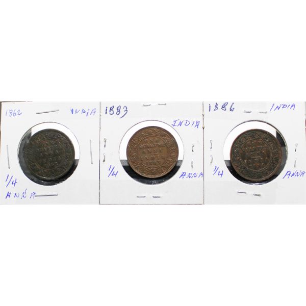 INDIA 1862, 1883 & 1886 ONE QUARTER ANNE
