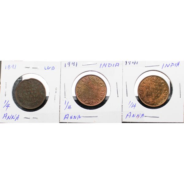 INDIA 1891 & (2) 1941 ONE QUARTER ANNE