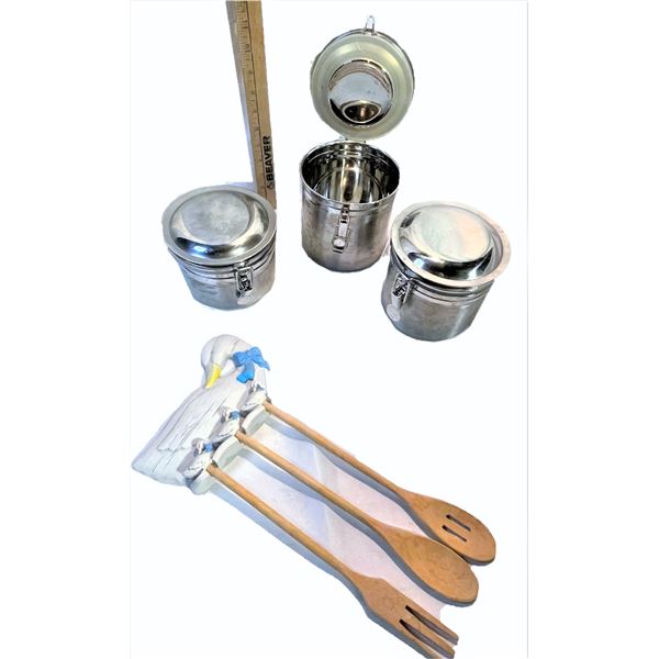 Three Canisters, Spoons and Duck Spoon Holder