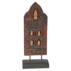 Teak Buddhist Votive Tablet w/ Inset Clay Amulets (CLB-004)