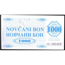 1992 Bosnia Rare 1000 Dinara Note CU  (COI-1198)