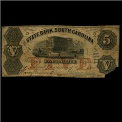 1855 State Bank $5 Bank Note SC RARE (COI-3249)