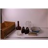 Image 1 : Wooden Tomatoes Crate w/ (2) Antique Irons + Misc