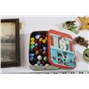 Image 3 : Tin w/ Marbles, Framed Picture, (9) Christmas Ornaments