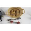 Image 4 : Investco Exercise Set - Vintage Clothes Pins & Line Rollers in Basket - Brass Stand - Cloth Flowers