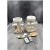 Image 1 : TWO VINTAGE GLASS PEANUT BUTTER JARS W/BOTTLE OPENER COLLECTION & OLD HOTWHEELS