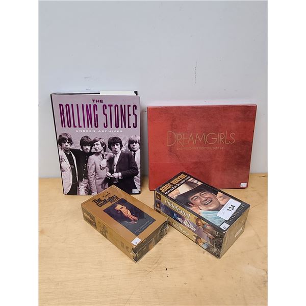 SEALED DREAM GIRLS DVD SET, ROLLING STONES COFFEE TABLE BOOK. JOHN WAYNE & GODFATHER SEALED VHS SETS