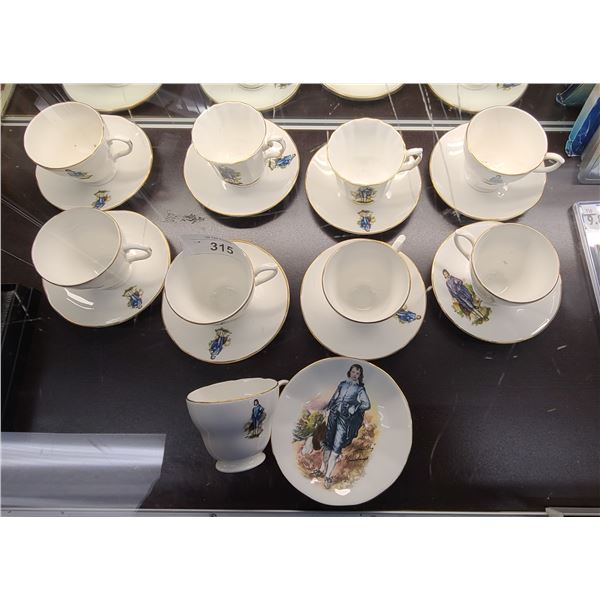 NINE BONE CHINA BLUE BOY TEACUPS/SAUCERS