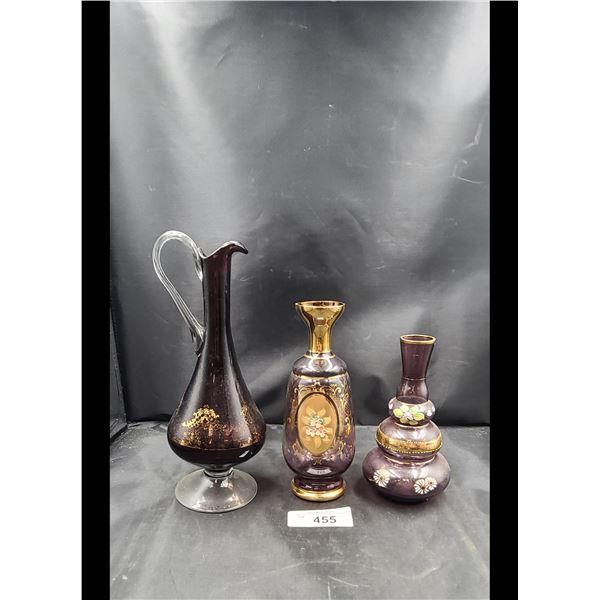 THREE VINTAGE AMETHYST GLASS VASES & JUGS