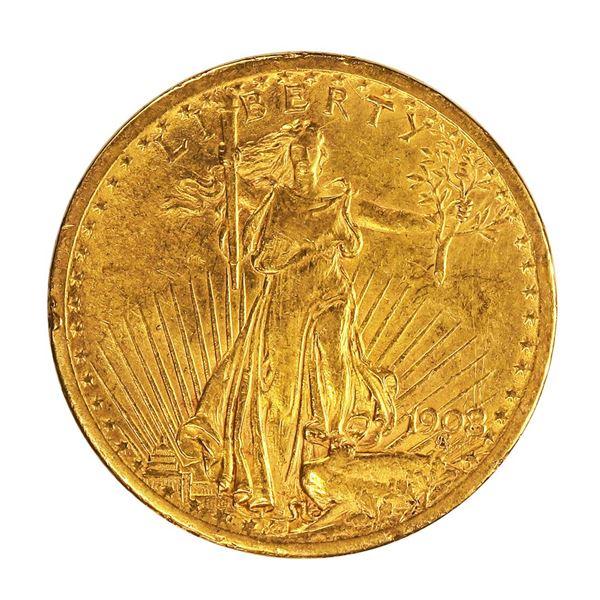 1908 N/M $20 St. Gaudens Double Eagle Gold Coin XF