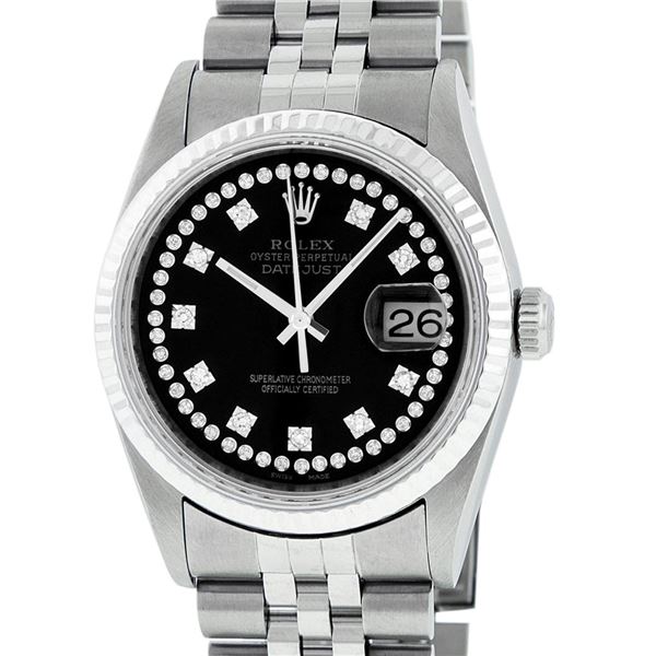 Rolex Mens Stainless Steel Black String Diamond 36MM Datejust Wristwatch