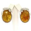 Image 1 : Vintage 18k White Gold Large Oval Amber Diamond Omega Earrings w/ Flower Etching