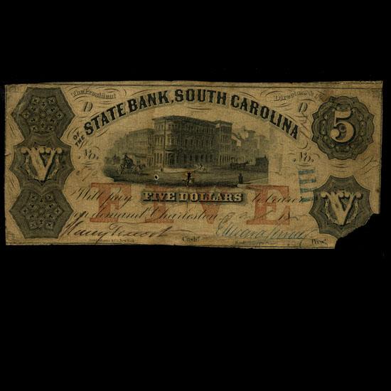 1855 State Bank $5 Bank Note SC RARE (COI-3249)