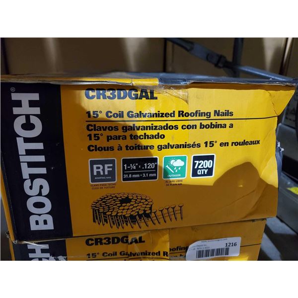Bostitch 1 1/4 x .120 " 50 degree Coil Galvanized Roofing Nails Case lot of 7200 Count