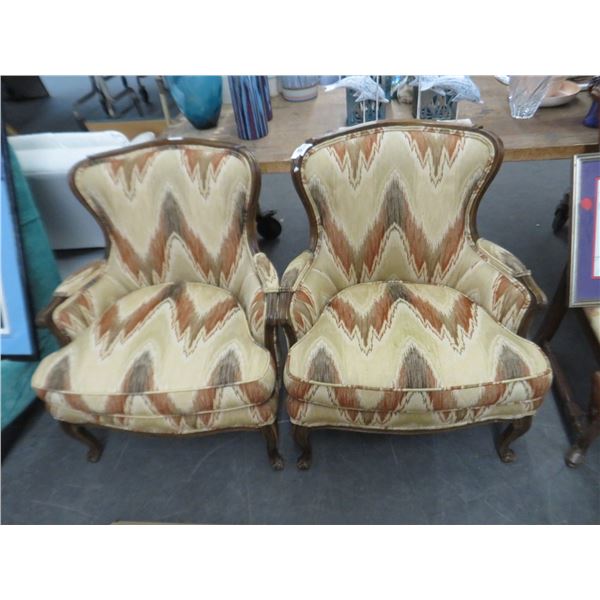 Carved Oak Trim Padded Armchairs (Pair)