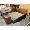 Image 1 : ROUND OFF STAINED WOOD QUEEN SIZE BED FRAME WITH PAIR OF MATCHING NIGHT STANDS