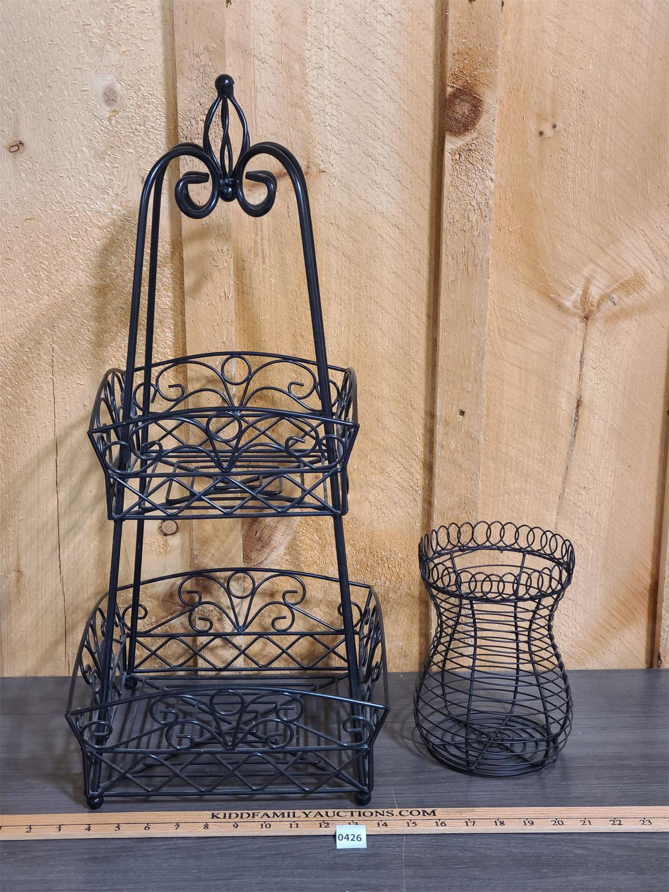 LOT OF 2 - 2-TIERED WIRE RACK AND BASKET - LARGEST 11 x 11 x 25 INCHES ...