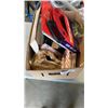 Image 1 : BOX OF WELDING ACCESSORIES AND ATTACHMENTS, 100 FOOT FISH TAPE, ALUMINUM CUTTING SAW BLADE
