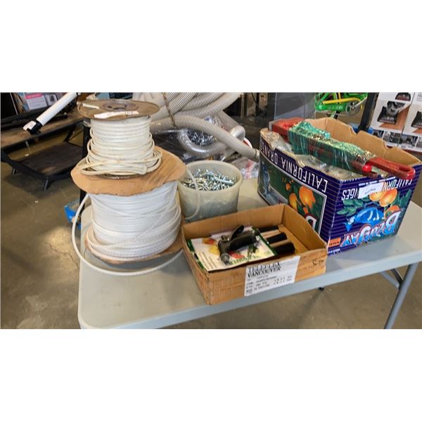 BOX, TRAY, 2 PAIL AND 2 SPOOLS OF SHOP SUPPLIES, HOSE, ELECTRICAL CABLE, WELDING ACCESSORIES, PIPE W