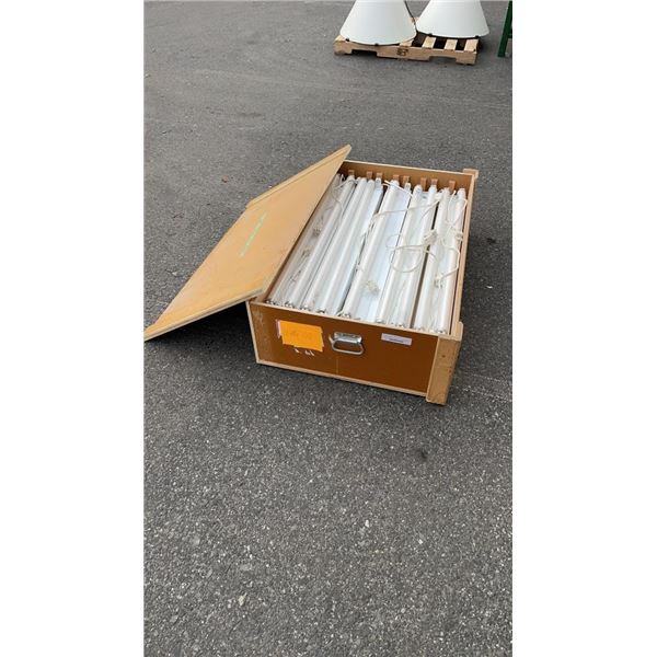 WOOD CRATE OF 10 DOUBLE LIGHT FIXTURES WITH BULBS 3FT LONG