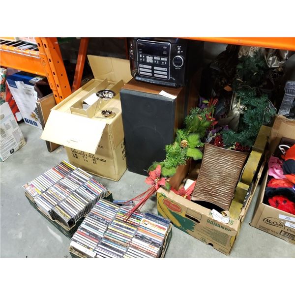 LOT OF ESTATE GOODS - CDS, STEREO, SPEAKERS, AROMA BURNERS, CHRISTMAS DECOR, SANTA FIGURE